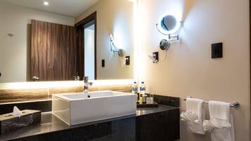 Shower, rainfall showerhead, hair dryer, towels