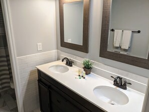 Combined shower/bathtub, hair dryer