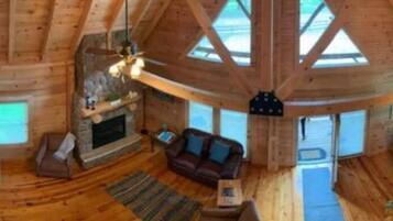 Smart TV, fireplace, books, offices