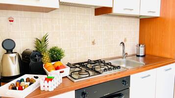 Fridge, oven, stovetop, coffee/tea maker