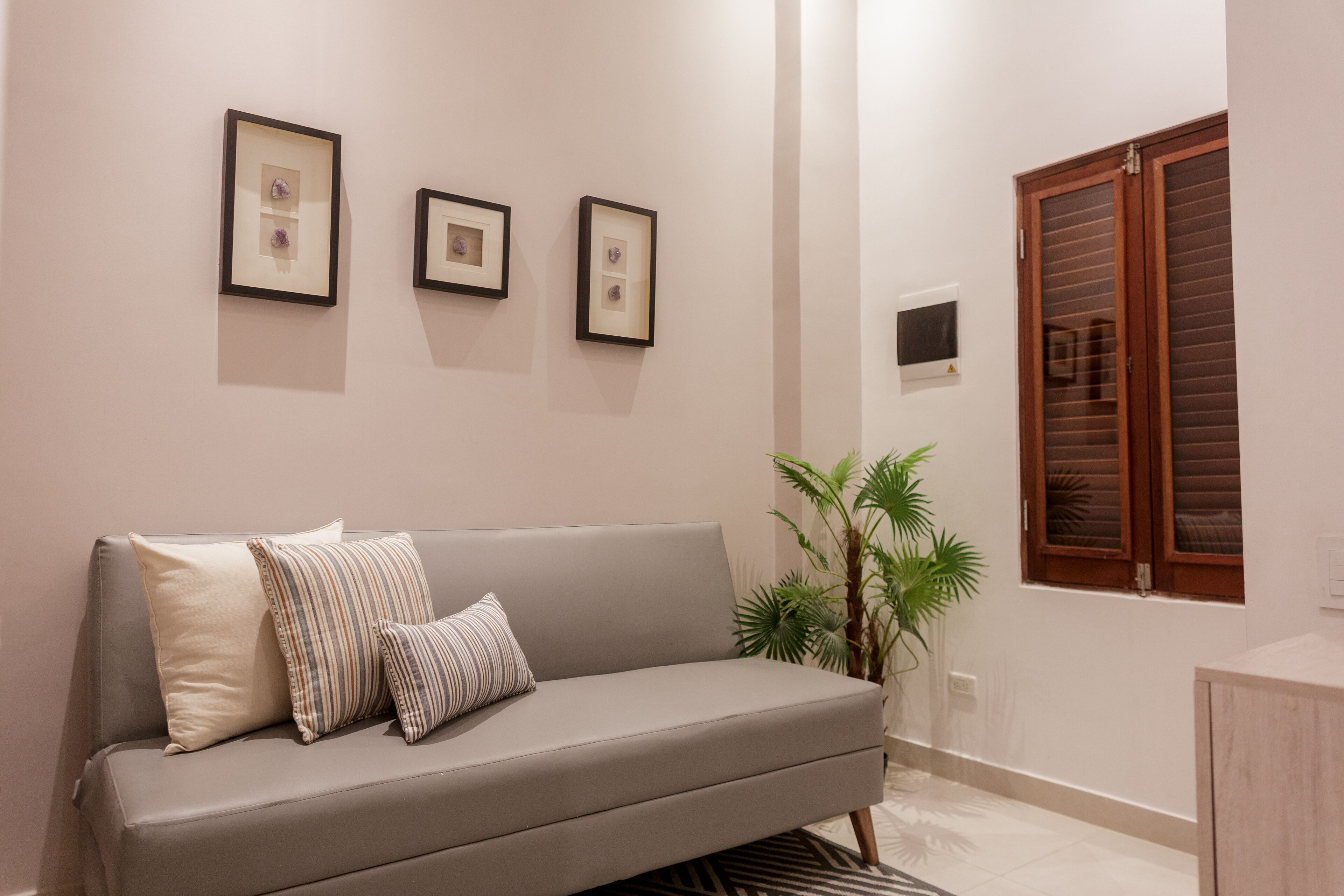 A neutral-toned living room with a sofa, framed pictures on the wall, a potted plant, and a window with wooden shutters.