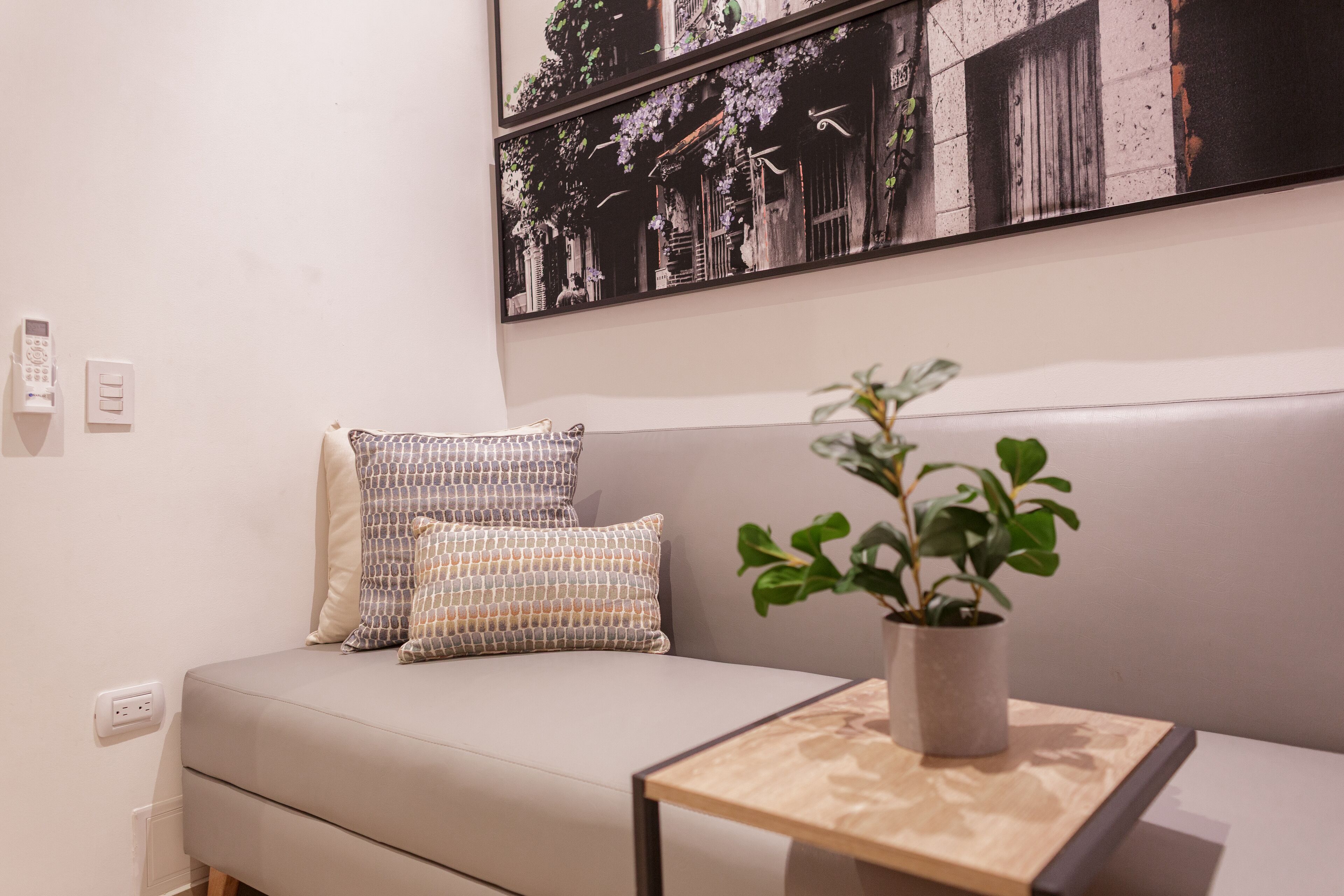 A modern living room with a grey sofa, patterned cushions, a small table with a potted plant, and a large black and white artwork on the wall.