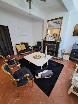 TV, fireplace, table tennis, books