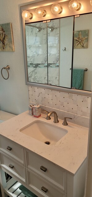 Combined shower/bathtub, towels, soap, toilet paper