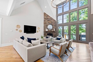 TV, fireplace, foosball