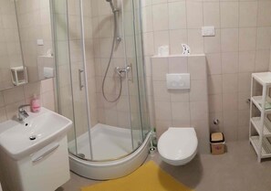 Shower, towels, soap, toilet paper