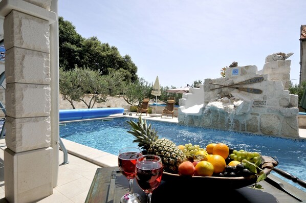 Indoor pool, outdoor pool, pool loungers