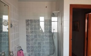Hair dryer, towels, soap, toilet paper