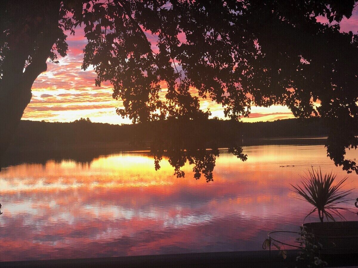 Um pôr do sol sobre um lago calmo, com árvores recortadas no céu.
