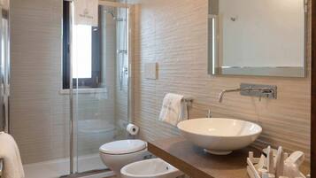 Shower, hair dryer, bidet, towels