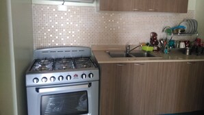 A kitchen with a gas stove, a sink, and wooden cabinets.