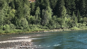 Une rive de rivière avec une maison entourée d’une forêt dense.