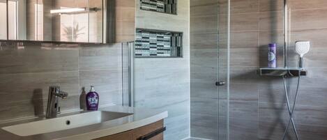 Shower, hair dryer, towels