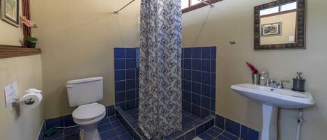 A bathroom with a toilet, shower, sink, and blue-tiled floor.