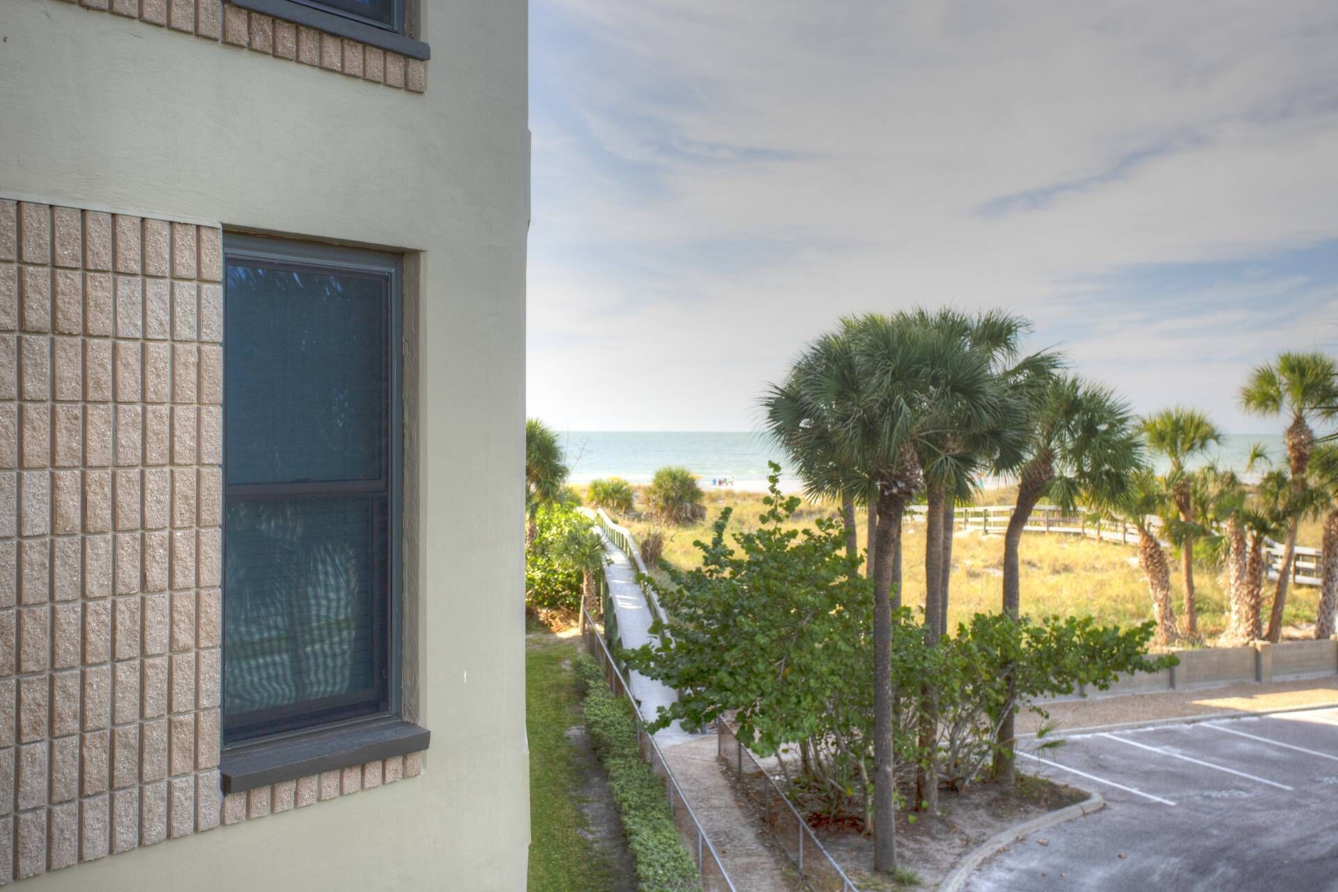 A building with a window and a view of a beach with palm trees.
