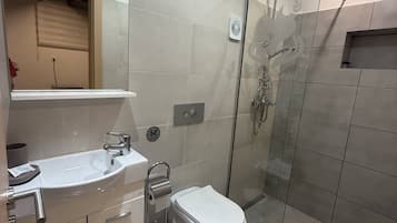 Hair dryer, towels, shampoo, toilet paper