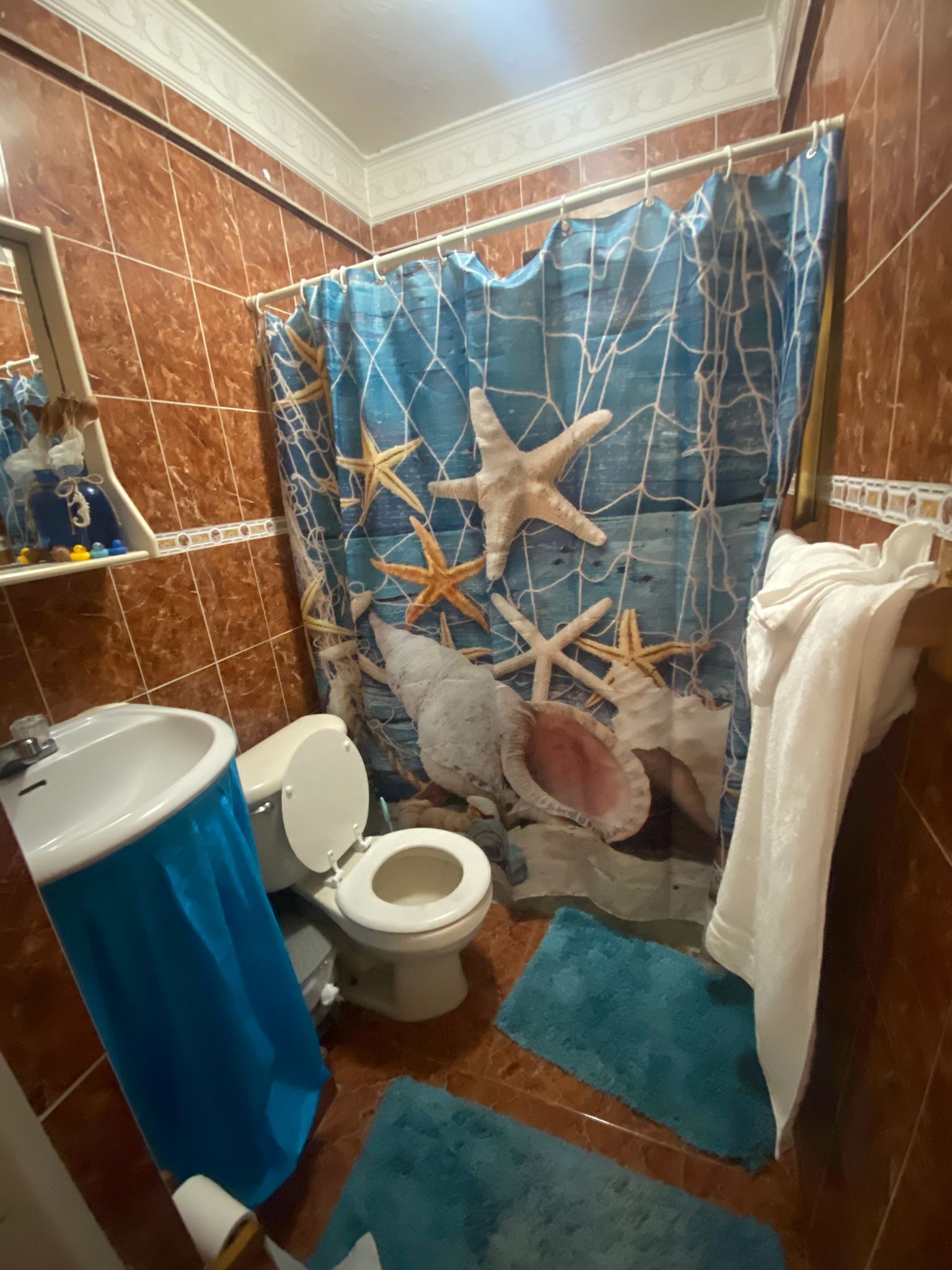 Une salle de bain équipée de toilettes, d’un lavabo et d’un rideau de douche orné d’étoiles de mer et d’autres créatures marines.