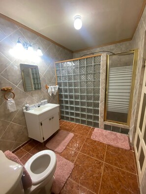 Duschwanne, Handtücher, Seife, Toilettenpapier