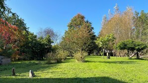 Un parque con césped, árboles, una estructura de madera y una piedra.