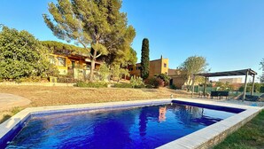 A rectangular swimming pool with a clear blue water surface, surrounded by a stone edge.