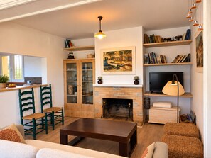 A living room with a fireplace, a television, and a bookshelf.