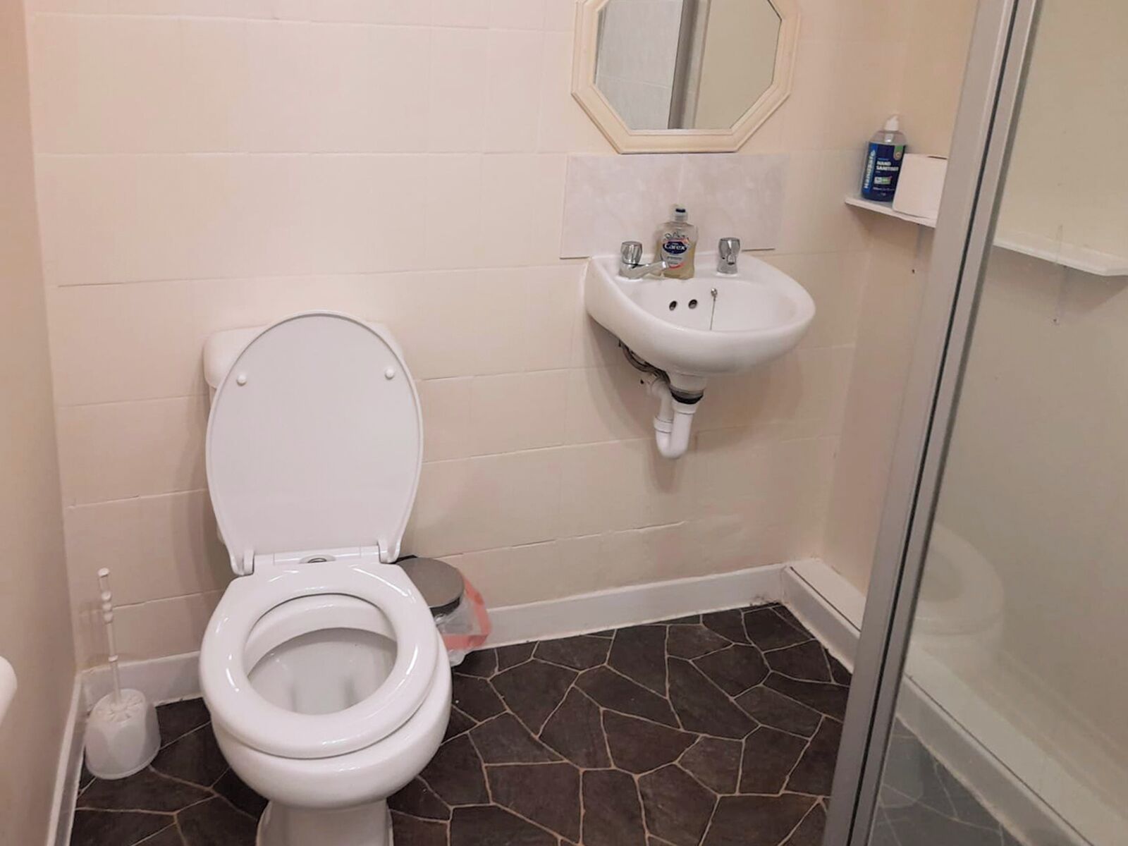 A bathroom with a toilet, a sink, and a mirror.