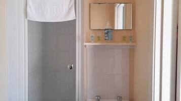 Eenvoudige tweepersoonskamer | Badkamer | Een douche, een haardroger, handdoeken, toiletpapier