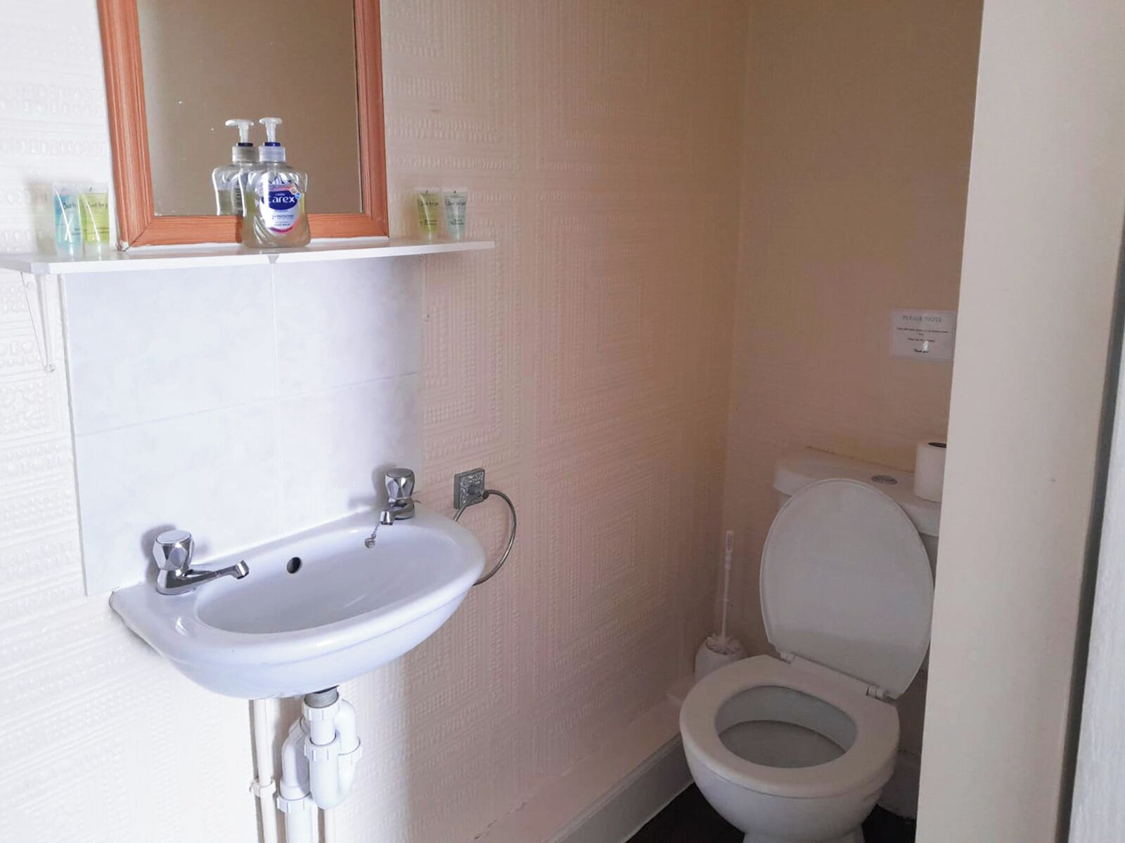 A bathroom with a white sink, a mirror, and a toilet.