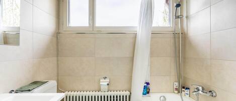 Hair dryer, towels, soap, toilet paper