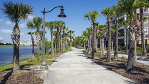 A waterfront promenade lined with palm trees and a street lamp. - Luxurious 3BD Home Close to Convention Center and Themed Parks! #3vc209 (Orlando)