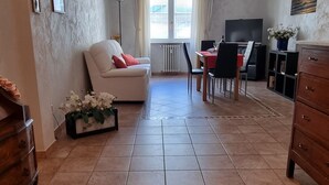 Olohuone, jossa on sohva, ruokapöytä, televisio ja kuviollinen matto.