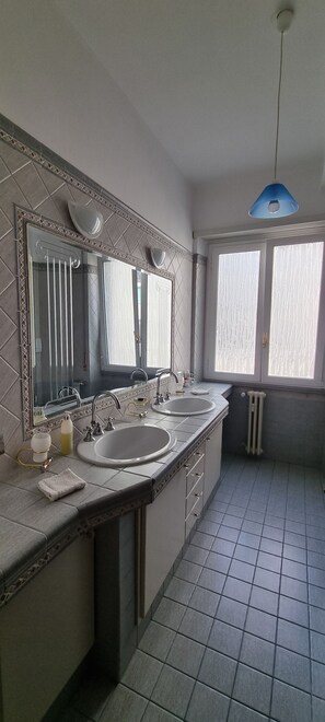 Bañera con ducha, secador de pelo, bidet, toallas