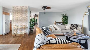 Smart TV, fireplace, books