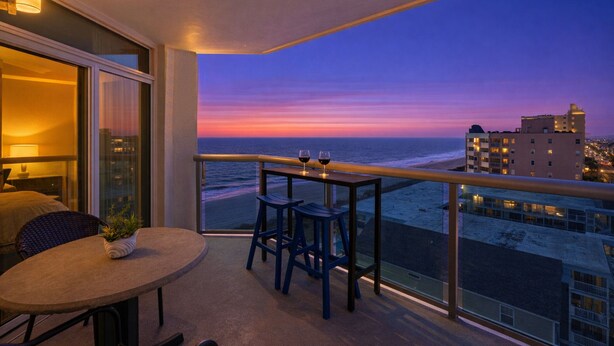 Ein Balkon mit Tisch und Stühlen mit Blick auf einen Strand bei Sonnenuntergang.