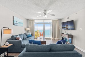 TV, DVD player - Laguna Keyes 1205 - 3 Bedroom Ocean Front Condo - Indoor/Outdoor Pools, Hot Tub & Lazy River (North Myrtle Beach)