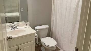 Combined shower/tub, hair dryer, towels, toilet paper
