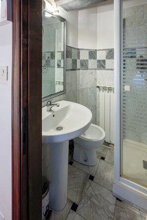Een douche, een haardroger, een bidet, handdoeken