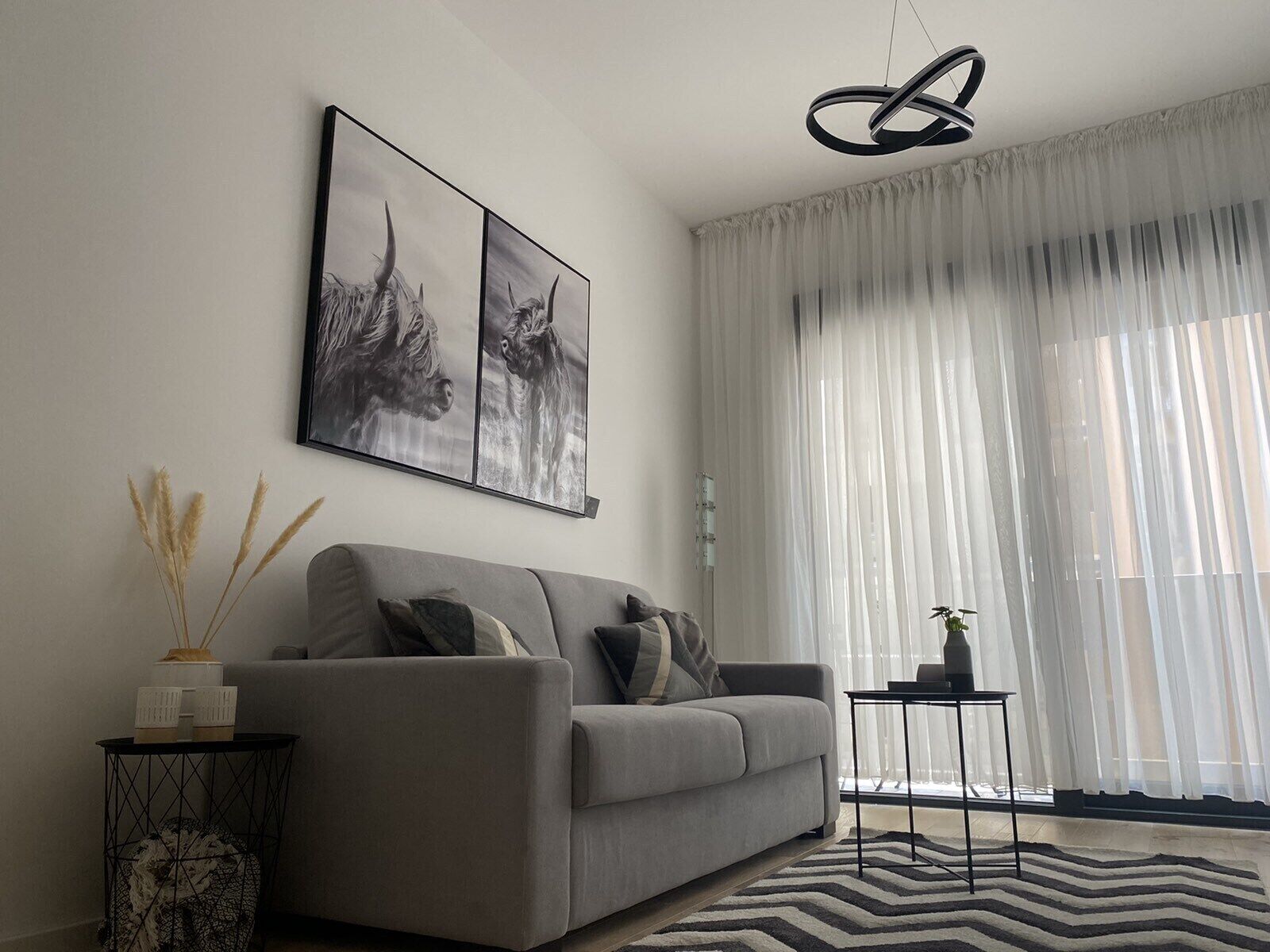 Brightly living area with modern design furniture. 