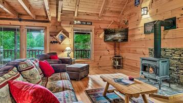 Smart-tv, een open haard, videospelletjes en een muziekbibliotheek