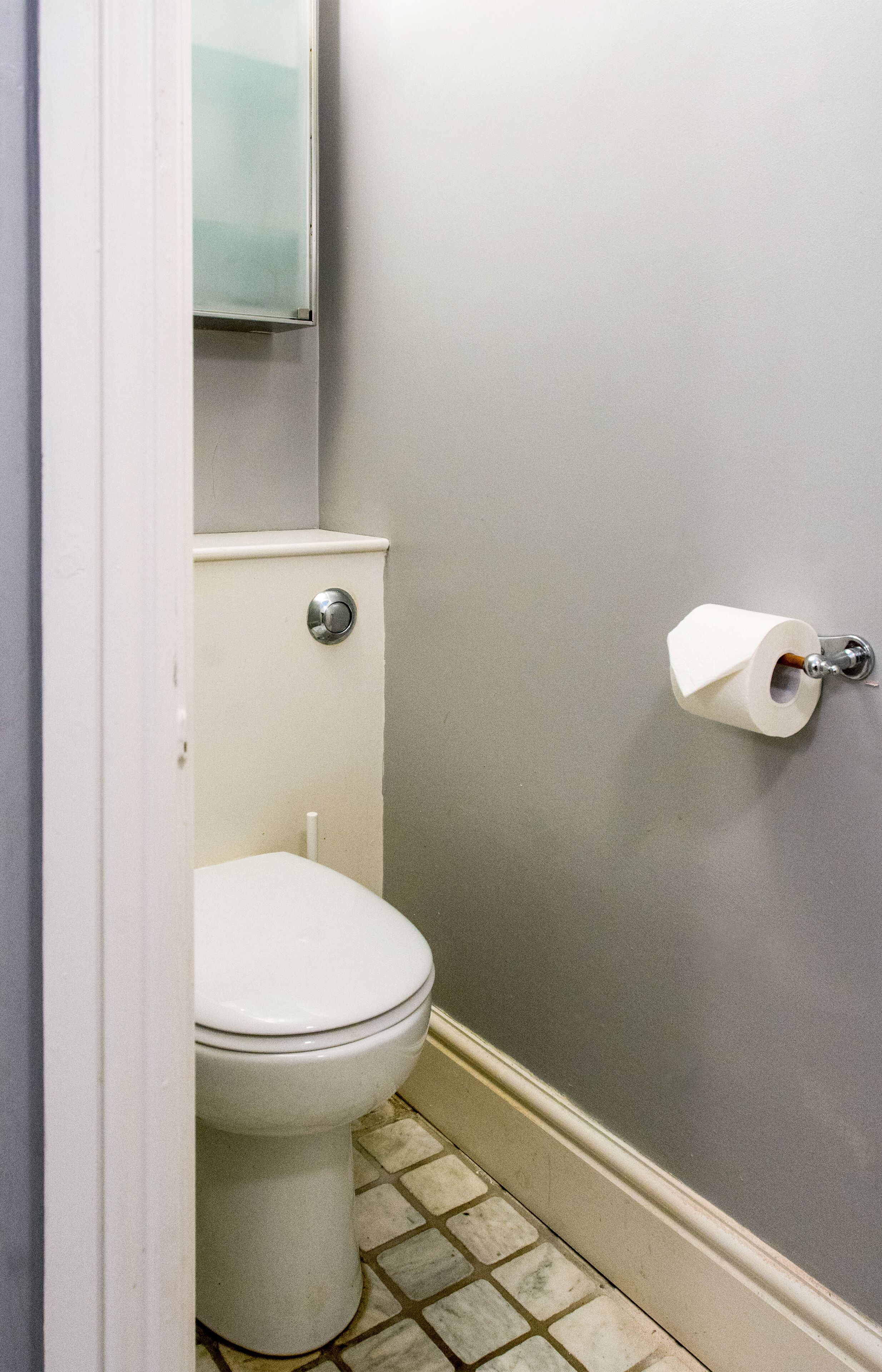 Un bagno piccolo e stretto, con il water, un porta carta igienica fissato alla parete e pavimento piastrellato.