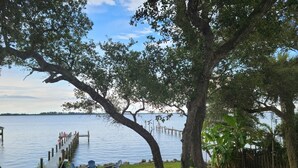 Una propiedad junto al lago con un muelle que se adentra en el agua, rodeada de exuberante vegetación y algunas sillas sobre el césped.