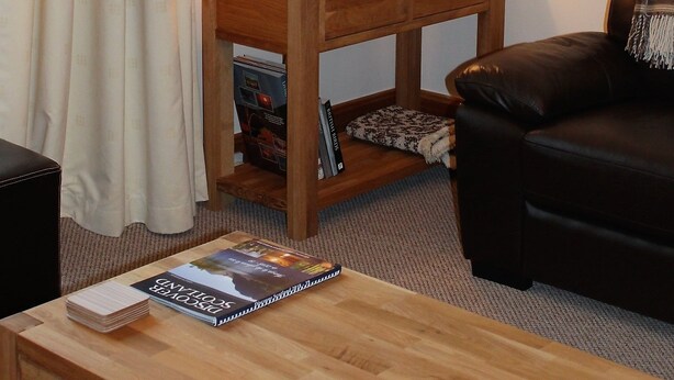Un accogliente soggiorno con un tavolino in legno, una lampada, un divano in pelle e un tavolino da caffè con un libro.