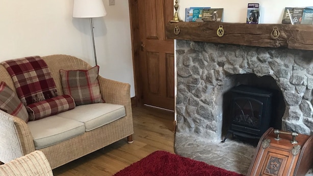 Un salon avec une cheminée en pierre, un canapé, un tapis rouge et une commode en bois.