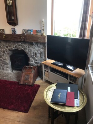 Een woonkamer met een stenen openhaard, een flatscreen televisie op een houten standaard, een rood kleed, een klein rond tafeltje met boeken, en een klok aan de muur.