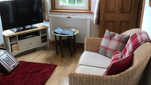 Un salon avec un téléviseur posé sur un meuble, une petite table avec des livres, un canapé en osier, un tapis rouge et une porte en bois.
