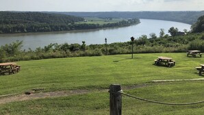 A grassy area with picnic tables and a view of a river.