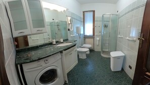 Shower, hair dryer, bidet, towels