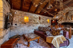 TV, fireplace, DVD player, music library