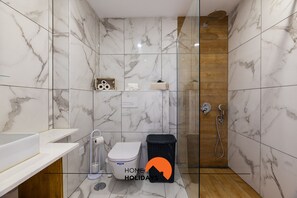 Shower, hair dryer, soap, shampoo