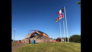 A large lobster sculpture on a grassy field with Canadian flags in the background.